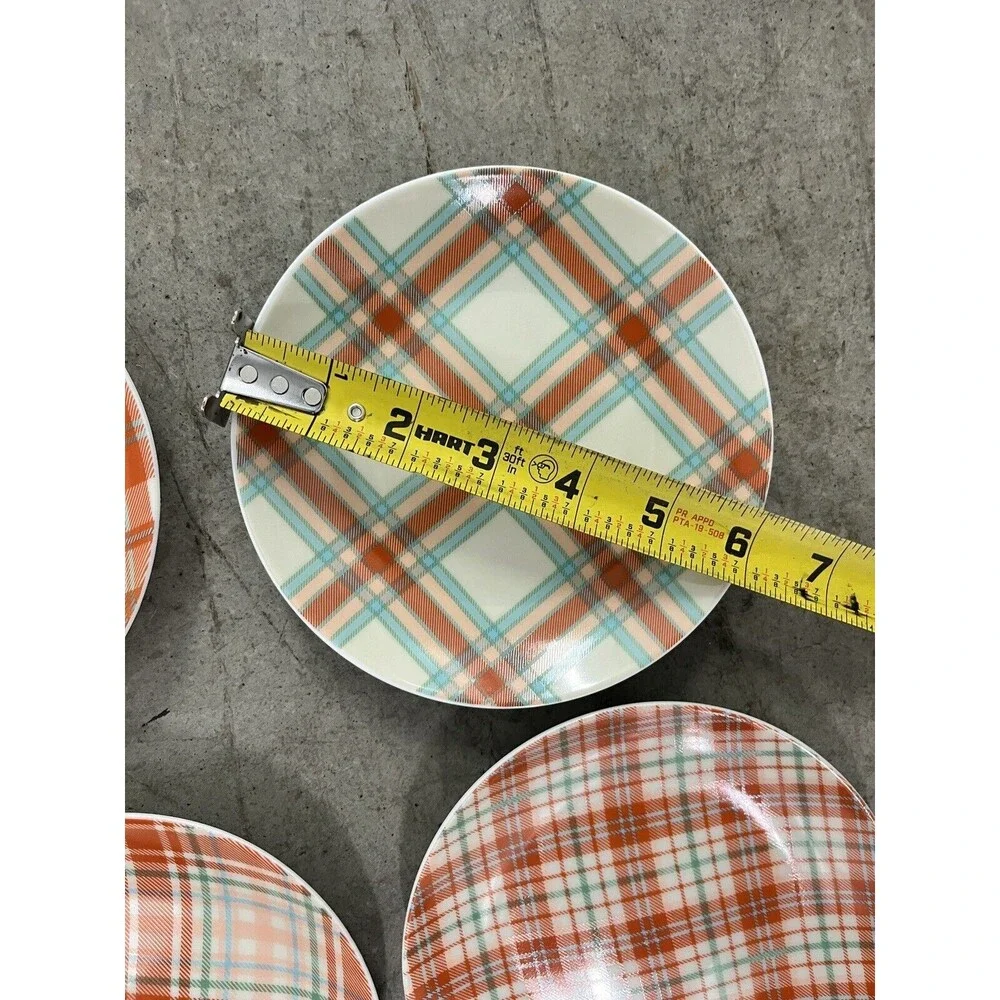 Lot of 4 Pier One Imports Orange & Teal Plaid Porcelain 6-inch Snack Plates